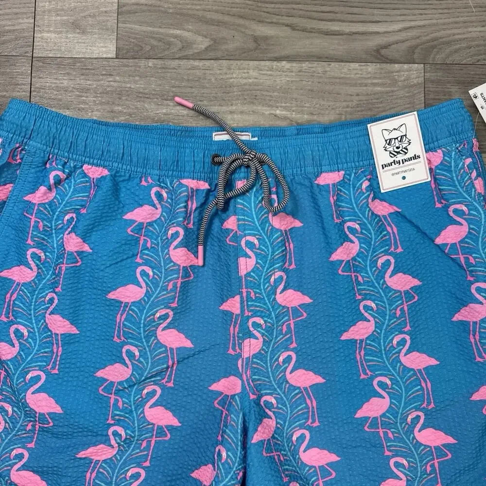 Party Pants Swim Trunks Shorts Blue Pink Flamingo Print sz XXL